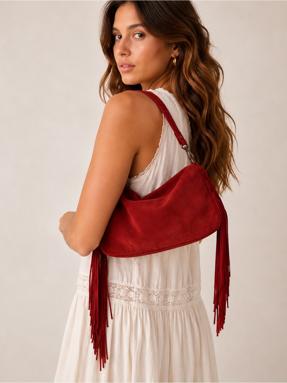 NWT Free People Finn Fringe Shoulder Bag Red Suede